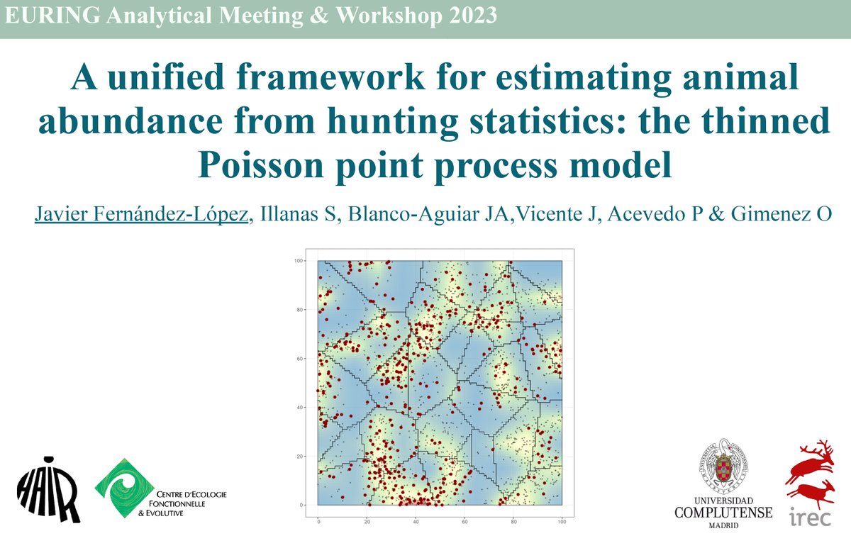oaggimenez's tweet photo. An awesome talk by @javi_ferlop on thinned Poisson point process as a unified framework for estimating animal abundance from hunting stats. So happy/humbled/honored that Javi picked our team to develop his awesome research (and I got to try true recipe of tortilla 😇) #euring2023 https://t.co/Vv8FpC9Uhw