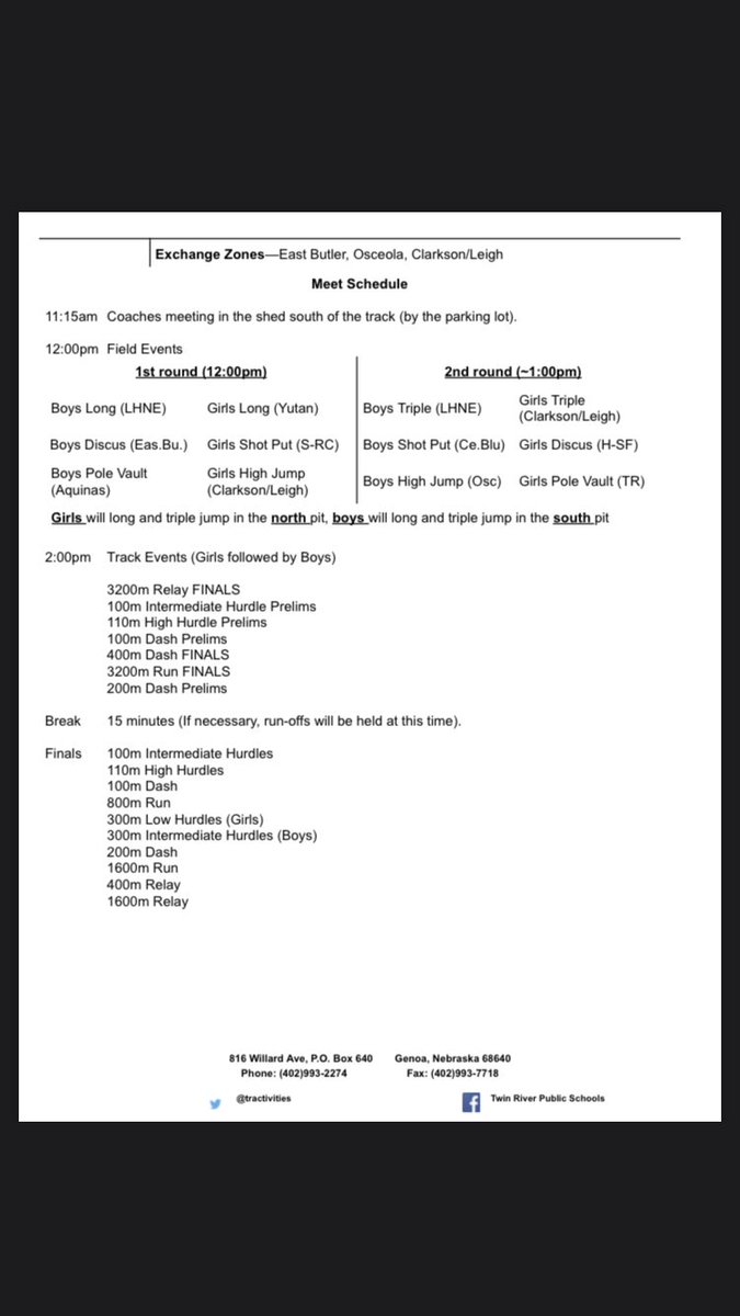 OsceolaTrack's tweet photo. The Bulldogs will travel to Genoa today for the Twin River invite! Schedule is attached! Let’s have a good one Dawgs! #otaf https://t.co/Tg5bYcSSxV