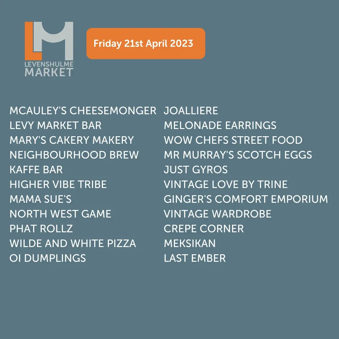What a line-up we've got for you tomorrow night!! 🤩

🍕Street Food
🍻Booze
🧁Cake
🥞Crepes
🍦Icecream
🕯Candles
💎Jewellery 
🏠Homeware 
👗Vintage
🎶Live Music
🪑Undercover Seating 

📍Friday 21st April, 5-9pm!