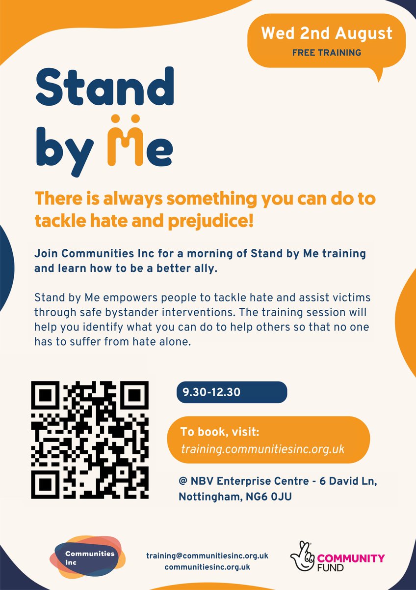 Join us for FREE #StandbyMe training, a project that empowers people to tackle hate and prejudice through safe bystander interventions. 

🟠 Wed 2nd Aug
🟠 9.30-12.30
🟠 NBV Enterprise Centre, #Nottingham