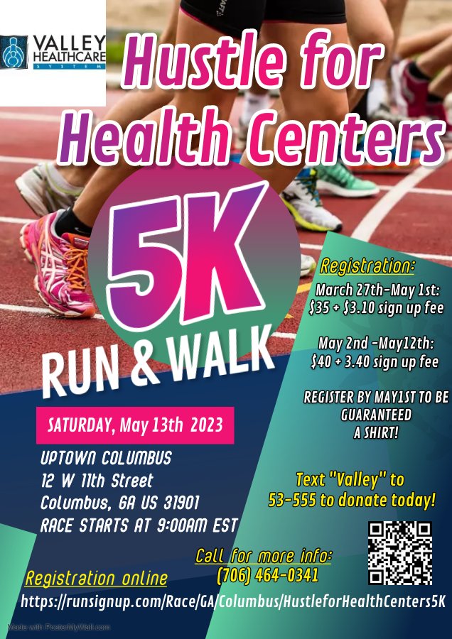 Get Ready To Walk and Run With Valley HealthCare System on Saturday, May 13th! Mark Your Calendars Today! **Registration Is Open! ** #healthandfitness #runandwalk #5Krun