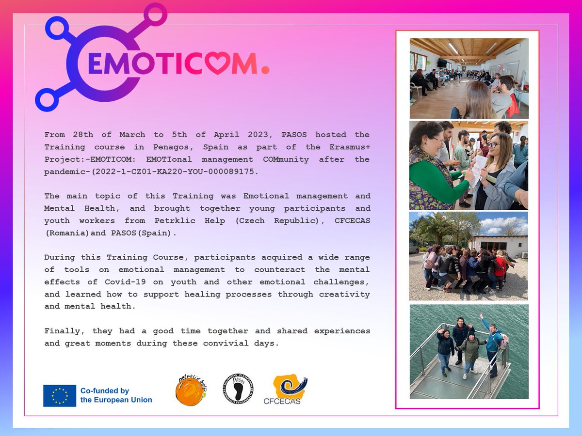 PASOS hosted the Training course in Penagos, Spain as part of the Erasmus+ Project:-EMOTICOM: EMOTIonal management COMmunity after the pandemic-(2022-1-CZ01-KA220-YOU-000089175) and now, the summary poster is ready! 👉📑💟🔄

#emoticom #europeanyouth #euandme #erasmusplus