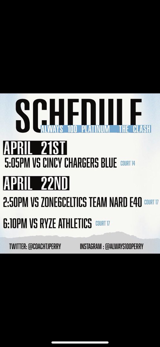 Anna Bishir (@anna_bishir) on Twitter photo Live period #1
Here is my schedule for <a href="/SelectEventsBB/">Select Events Basketball</a> for this upcoming weekend!
<a href="/CoachTJPerry/">T.J. Perry</a> <a href="/vjhAlways100/">Always 100</a>
<a href="/Always100_TMH/">Always 100 Basketball</a> Live period #1
Here is my schedule for <a href="/SelectEventsBB/">Select Events Basketball</a> for this upcoming weekend!
<a href="/CoachTJPerry/">T.J. Perry</a> <a href="/vjhAlways100/">Always 100</a>
<a href="/Always100_TMH/">Always 100 Basketball</a>