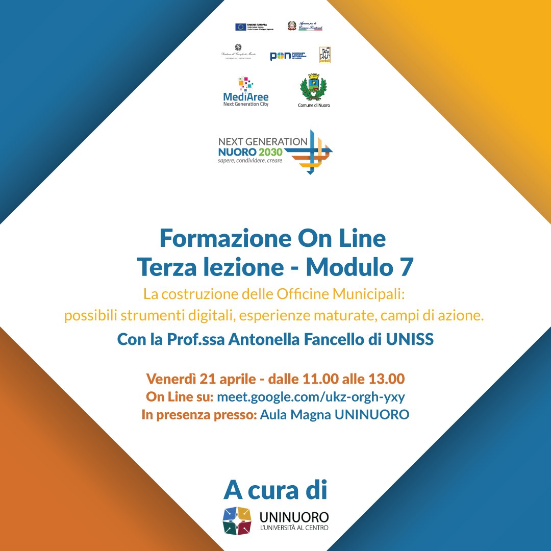 NG_Nuoro2030's tweet photo. FORMAZIONE #NGNuoro2030-3° lezione modulo 7.
"La costruzione delle Officine Municipali: possibili strumenti digitali, esperienze maturate, campi di azione" con la Prof. @antofancello di @unissTweet
⌚️Venerdì 21 ore 11
👉https://t.co/y8fyv5KqFb #mngc #cittàpilota #mediaree #anci https://t.co/mPRZahhYHD