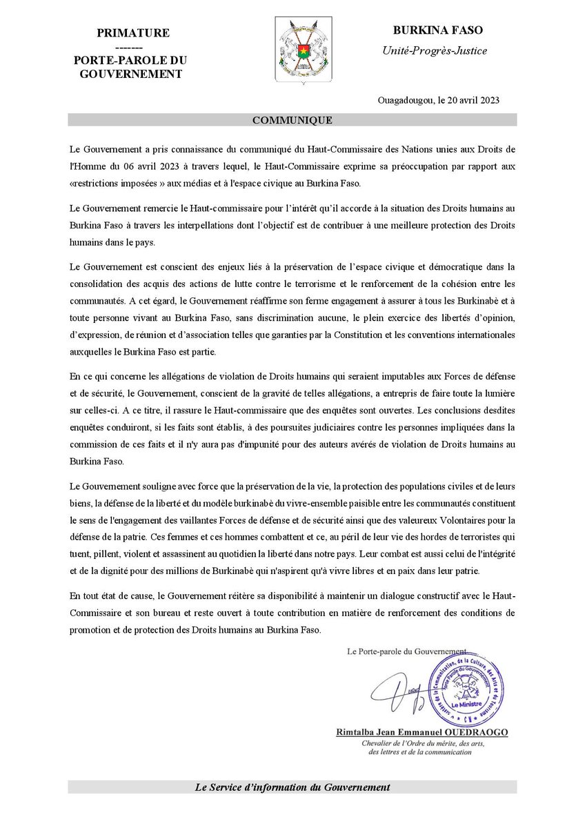 sigbf's tweet image. Le Gouvernement remercie le #Haut_commissaire pour l’intérêt qu’il accorde à la situation des Droits humains au #Burkina #Faso à travers les interpellations dont l’objectif est de contribuer à une meilleure protection des Droits humains dans le pays.

#SigBurkina
#Com_Gouv_BF