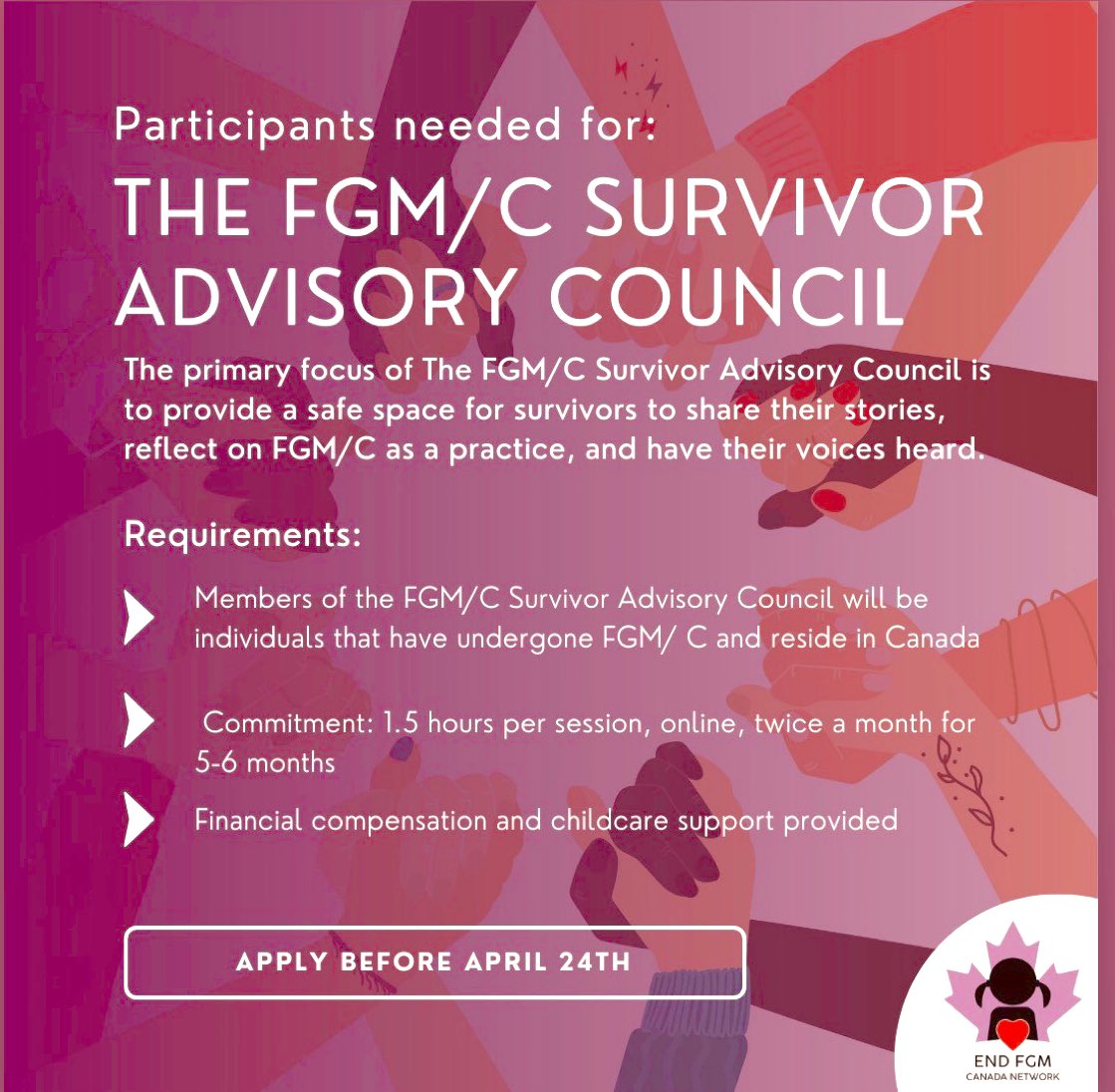 Please help spread the word?📣 I’ll be facilitating these sessions and we still have space for a few participants. Details: -1.5 hrs/session, online, 2x/mos for 5-6 mos -financial compensation & childcare support -apply by APRIL 24 endfgm.ca/survivor-advis… @endfgmcanada