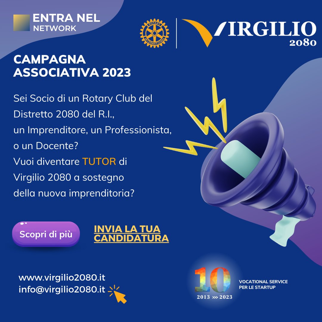 𝑪𝒂𝒎𝒑𝒂𝒈𝒏𝒂 𝑨𝒅𝒆𝒔𝒊𝒐𝒏𝒊 𝑽𝒊𝒓𝒈𝒊𝒍𝒊𝒐 𝟐𝟎𝟖𝟎 Associazione in House del R.I Distretto 2080. Entra in una squadra solida spinta dalla consapevolezza che l'Impresa inizia con un 𝑺𝒐𝒈𝒏𝒐 𝒄𝒉𝒆 𝒊𝒍 𝑻𝒖𝒕𝒐𝒓 𝒂𝒊𝒖𝒕𝒂 𝒂 𝒓𝒆𝒂𝒍𝒊𝒛𝒛𝒂𝒓𝒆 #rotary #virgilio2080