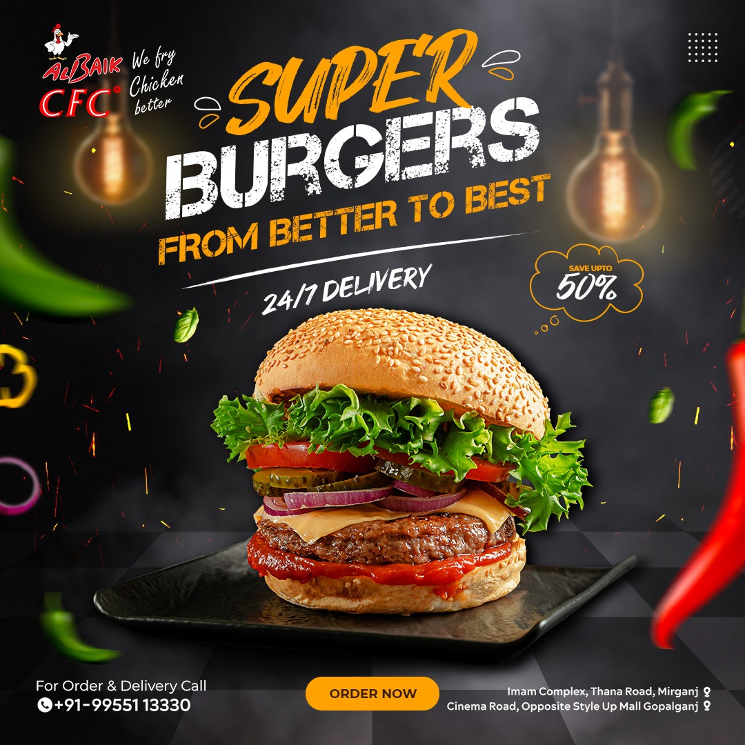 AlBaikCFC's tweet photo. 𝗕𝗨𝗥𝗚𝗘𝗥
Satisfy your burger cravings with our juicy 𝗕𝗨𝗥𝗚𝗘𝗥. Taste the #Delicious_food from the best restaurant in #Gopalganj at the best price.

For Any Query:
☎️Call: +91-9955113330
🌎Address: Cinema Road, Opposite style Up Mall, Gopalganj https://t.co/2oXvTq5ZrW