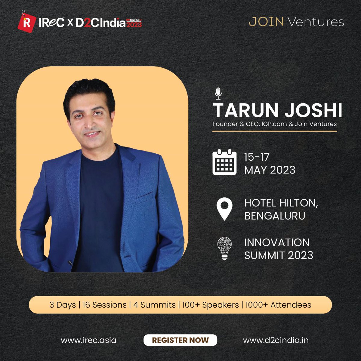 VenturesJoin's tweet image. @taruns11, our Founder and CEO, will be a speaker at the upcoming IReC x Innovation Summit 2023. The event, hosted by Indian Retailer and D2C India, will be held in Bengaluru from the 15th to the 17th of May. 

Link 👉irec.asia

#IReC2023 #D2C #Professionals #Awards