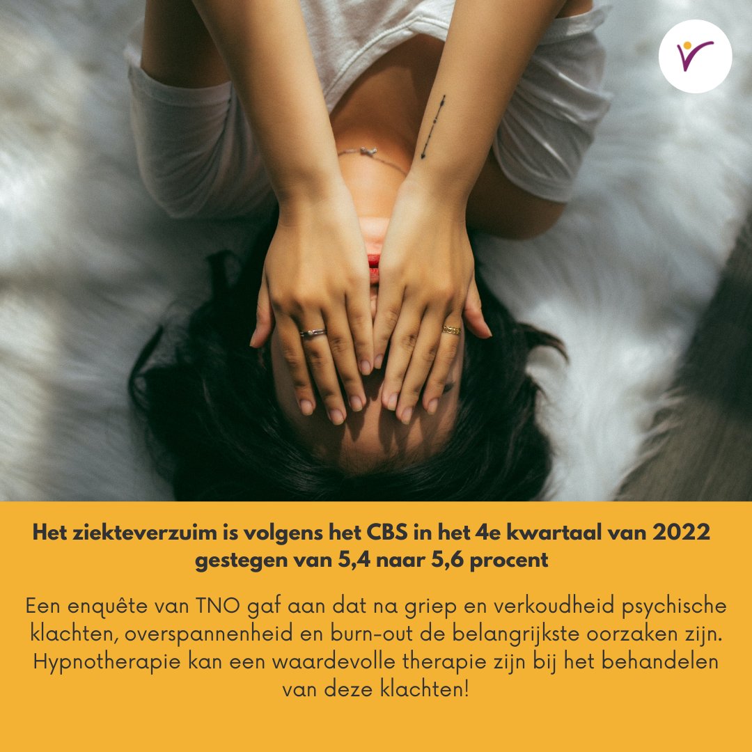 Het ziekteverzuim is in het 4e kwartaal van 2022 gestegen van 5,4 naar 5,6 procent (CBS). Belangrijke oorzaken: psychische klachten en burn-out. Hypnotherapie helpt door oorzaken te identificeren en negatieve denkpatronen te veranderen. Kijk op hypnotherapie.nl/vind-therapeut/