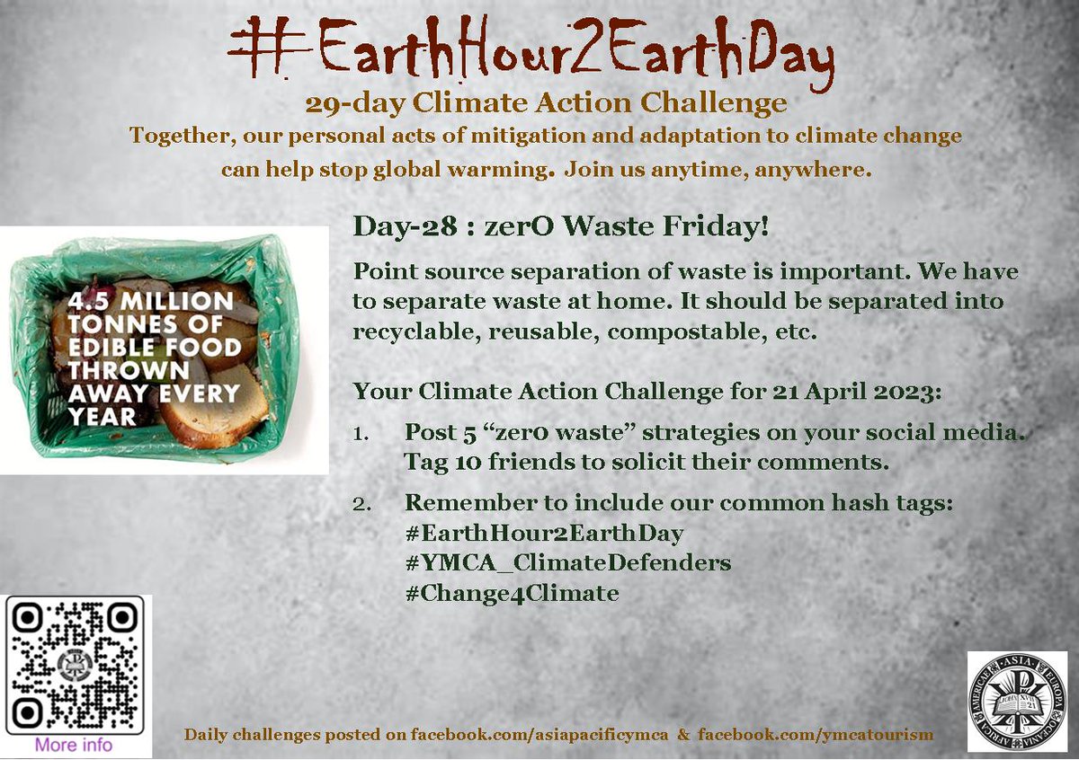 Here's your Climate Action Challenge for Day-28 (21 April 2023)
It's not too late to join now.
Let us know you are participating bit.ly/3KNebqg
Please help amplify the campaign.
#EarthHour2EarthDay
#YMCA_ClimateDefenders
#Change4Climate
#YMCASustainablePlanet