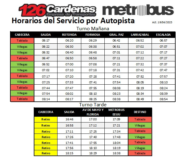 linea_126's tweet photo. ATENCION!!! Pasajero turno expreso mañana se agrego un servicio mas para reforzar la frecuencia en los primeros coches! A partir de mañana viernes 21/4/2023 estos serán los nuevos horarios.  
https://t.co/v3glBlwNps https://t.co/cuBcp8RCRK