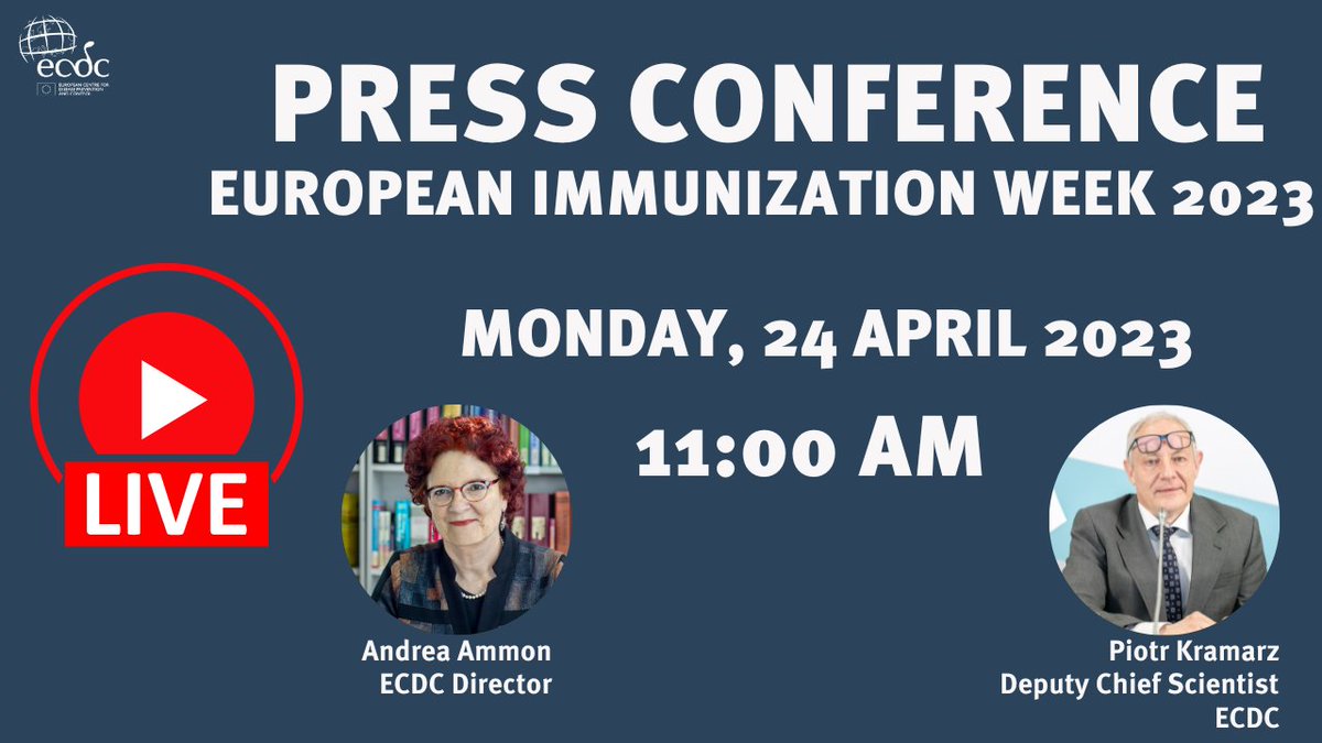 ECDC_EU's tweet photo. #EuropeanImmunizationWeek #EIW2023 is around the corner - don't miss the #ECDCPressConf on the topic!
IMPORTANT:
➡️ Registration #ForMedia - click: https://t.co/Jd9HX8T2TN
➡️ The conference will be #LIVE streamed on our YouTube channel here: https://t.co/olc44M1aIa https://t.co/itnl5hyxIv