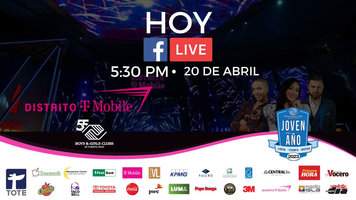 Muchas gracias a nuestros aliados del Programa de Joven del Año 2023 auspiciado por: Alpha Phi Alpha Fraternity, <a href="/Fulcroinsurance/">Fulcro Insurance</a>, <a href="/PRSupplies/">Puerto Rico Supplies</a>, DANOSA, <a href="/3M/">3M</a>, Caribbean Produce Exchange, <a href="/distritotmobile/">distritotmobile</a>, La Central by <a href="/ChefMarioPagan/">Mario Pagán</a>.

¡HOY! #FacebookLIVE a partir de las 5:30pm.