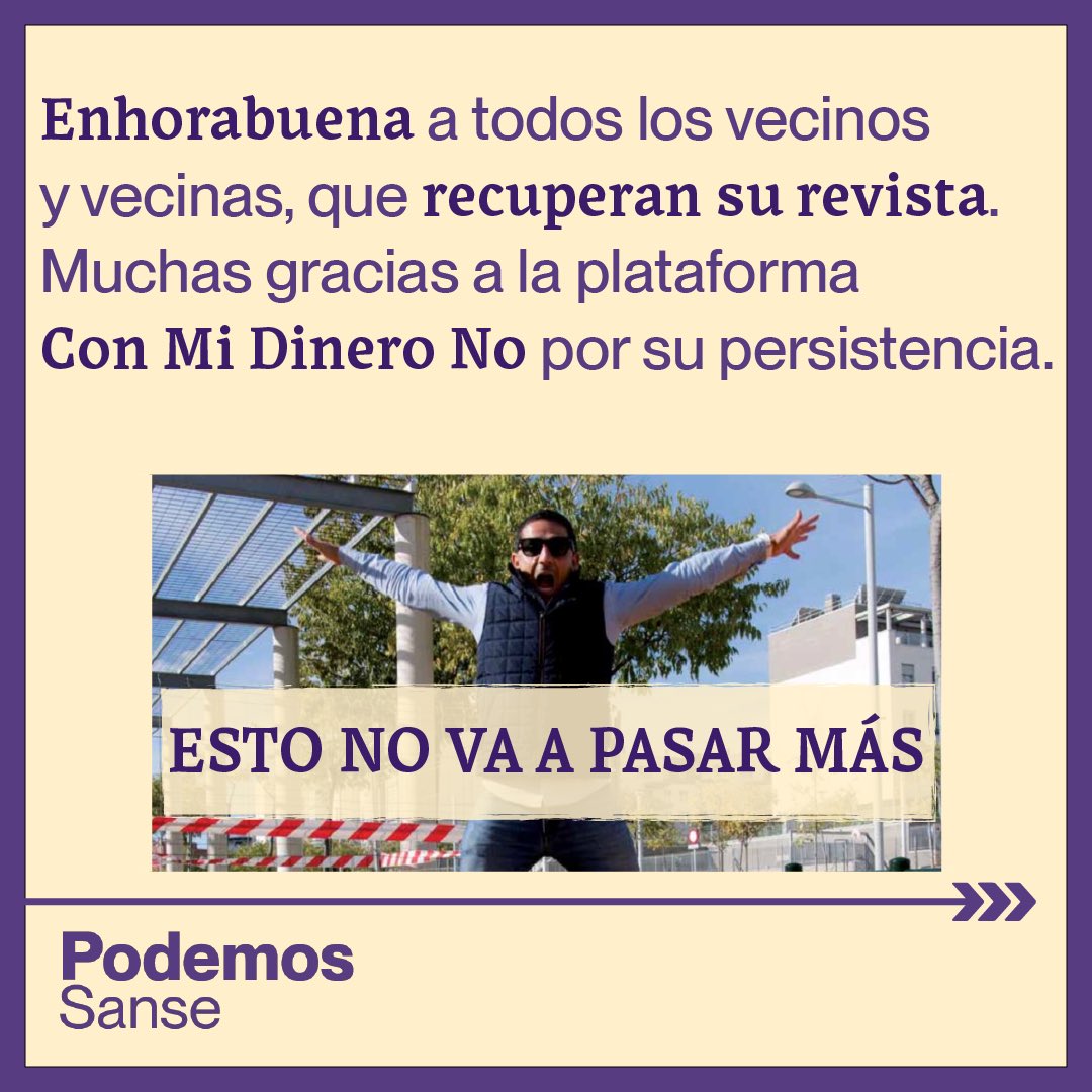 Tenemos una buena noticia para los vecinos y vecinas de Sanse 🥰💜. Nuestra moción sobre la revista La Plaza, que recogía las peticiones de <a href="/ConMiDineroNOP/">Con Mi Dinero NO</a>, ha obtenido la unanimidad del pleno y se ha convertido en Declaración Institucional.