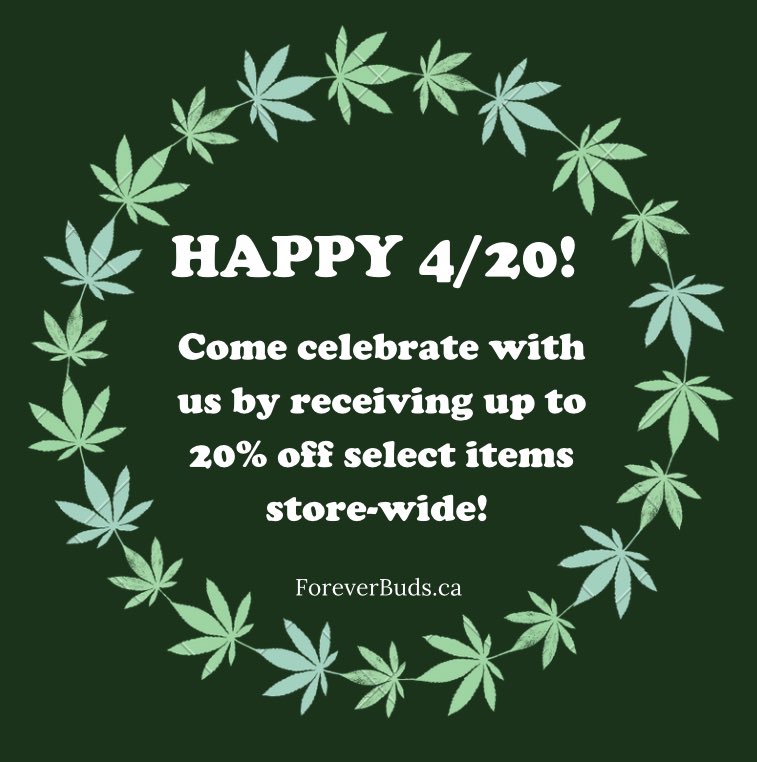 ForeverBudsTO's tweet photo. It’s that day again! Happy 4/20 to everyone in our cannabis community!💚
We hope to see you celebrating with us today👀🌬 https://t.co/KjYtwNr29e