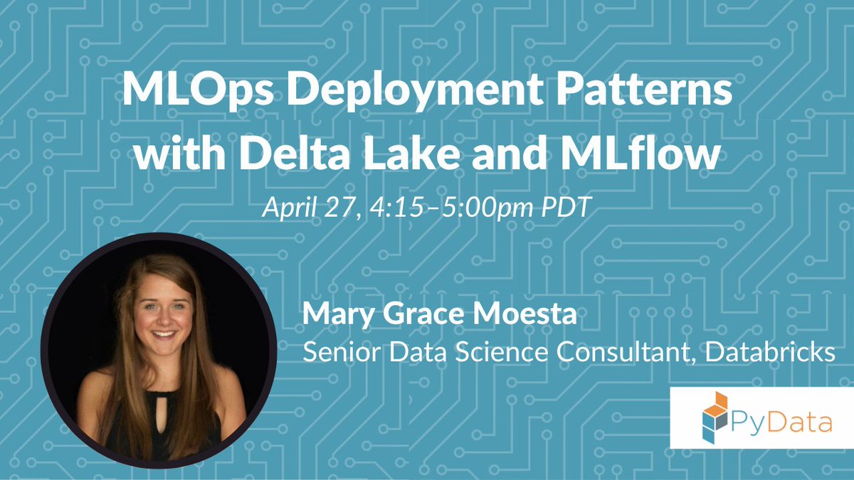 DeltaLakeOSS's tweet photo. Mary Grace Moesta will be presenting MLOps Deployment Patterns with Delta Lake and MLflow at #PyDataSeattle2023 next week! ✅ This talk, targeted to practitioners, covers different deployment patterns for machine learning applications.

Learn more 👉 https://t.co/XmQAlEQzFQ https://t.co/joINAYajFJ