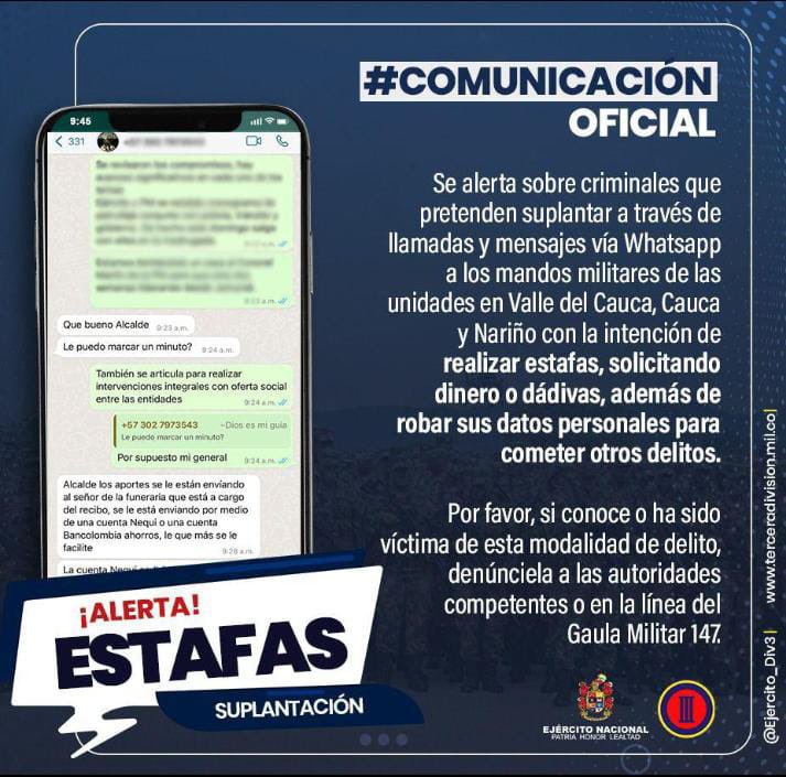 AndresPB1981's tweet photo. La @Ejercito_Div3 #BR23/#BASPC23 del @COL_EJERCITO nos alerta ‼️🚨ℹ️🔔 acerca de criminarles que se están haciendo pasar por mandos militares para pedir dádivas o dinero y cometer estafas.
Si conoce alguna información o ha sido victima de este hecho, por favor comuníquese con el @GaulaMilitares #GAUNAR al número 147
@GERMANCHAMORRO1
@GermanOrGo
@carlosbastidast
@Ochavesbra
@recalde_javier
@JavierRuanoG
@ALEXAND05119593
@DLBO2023
@JoseLBenavides