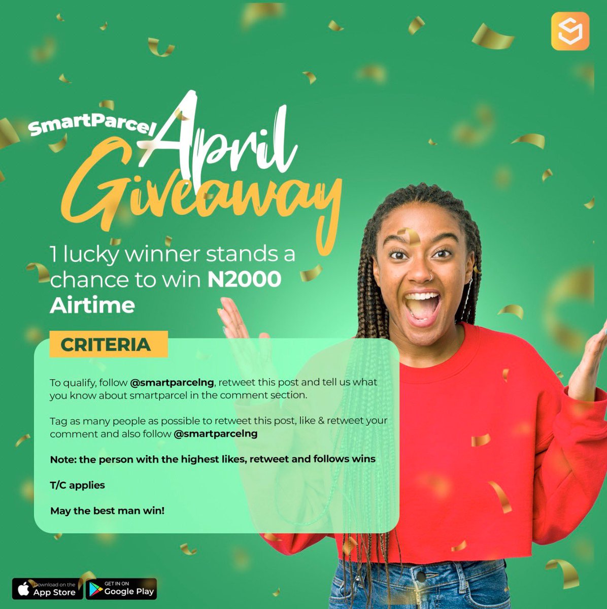 smartparcelng's tweet photo. Win N2000 Airtime by following the simple steps-
Follow @smartparcelng on twitter
Comment under this post what you know about SmartParcel
Tag your friends to retweet, like your comment and participate.

Lucky Winner will be announced on Friday 8pm.

#SmartParcel #Giveaway #420day https://t.co/JAQbOAcRW4