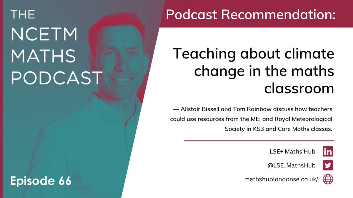 📢#mathspodcast of the week!

💡With climate change becoming an ever-present topic in global news, join <a href="/NCETM/">NCETM</a>, <a href="/comparagrams/">Alistair Bissell</a> and <a href="/CoreMathsTom/">Tom Rainbow</a> as they discuss responsibilities, benefits, and tips for addressing social issues through maths.

📲Listen here: ncetm.org.uk/podcasts/teach…