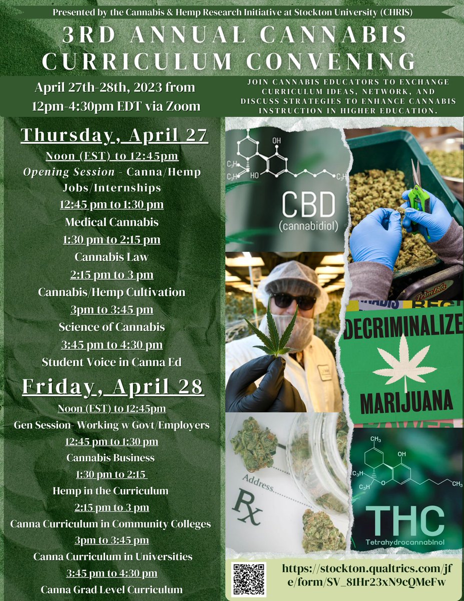 Join us one week from today for Stockton U's 3rd Cannabis Curriculum Convening- free via zoom. We'll discuss what we teach in our cannabis classes and careers that are available. Register here: stockton.qualtrics.com/jfe/form/SV_81… #CannabisCurriculum #CannabisDegrees #CannabisProfessors