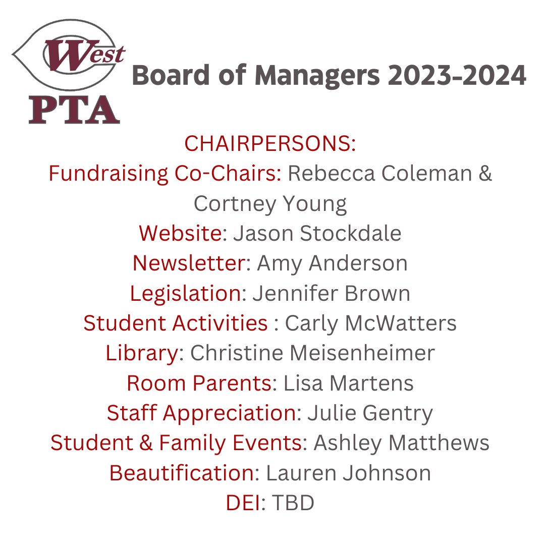 WestCMSPTA's tweet photo. Congratulations to the newly elected West Collierville Middle School PTA Board of Managers for the 2023-2024 academic year!
Thank you to all volunteers: past, present, and future!
#wcmspta #colliervilletn #godragons https://t.co/aBJfmfXPTW