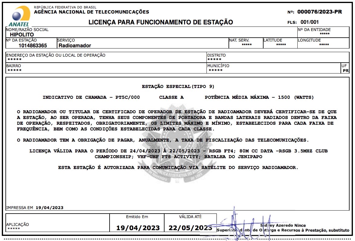 RadioOSG's tweet image. Autorizado pela #anatel o indicativo especial #PT5C para os contestes e atividades entre os dias 24/04 a 22/05, esta cada vez mais dificil conseguir a liberação
.
.
.
.
.
#hamradio #radioamador #AmateurRadio #dxssb #ft8 #ft4 #lotw #dxcc #pota #sota #iota #iaru #arrl #py5hc #osg