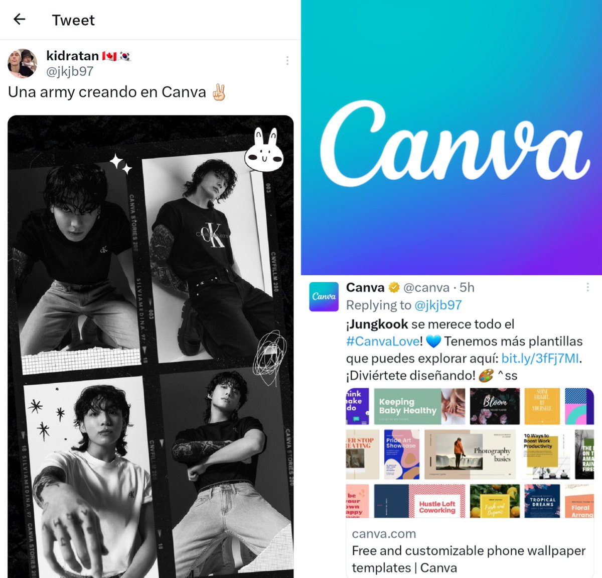 Canva, world's most inclusive visual communications platform and free-to-use online graphic design tool, replied to a fan tweet about Jungkook

“Jungkook deserves all the #CanvaLove!💙” and shared more customizable phone wallpaper templates.