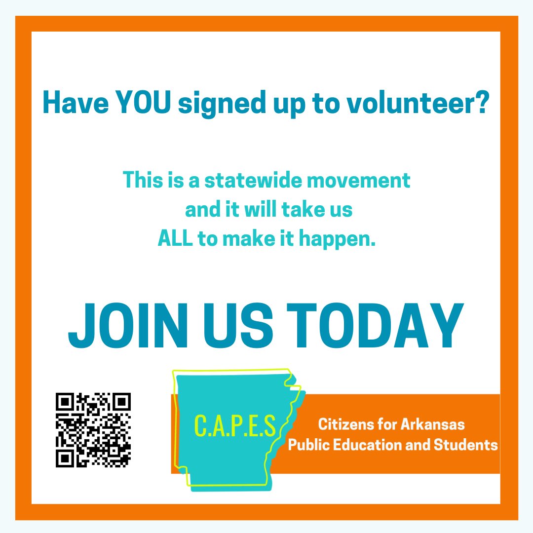 arkcapes's tweet photo. Have you signed up to volunteer with CAPES? This is a statewide movement and it will take us ALL to make it happen.

 https://t.co/TqphUwjBho

#SayNoToLEARNS #Arkansas https://t.co/nhntNfOwGs