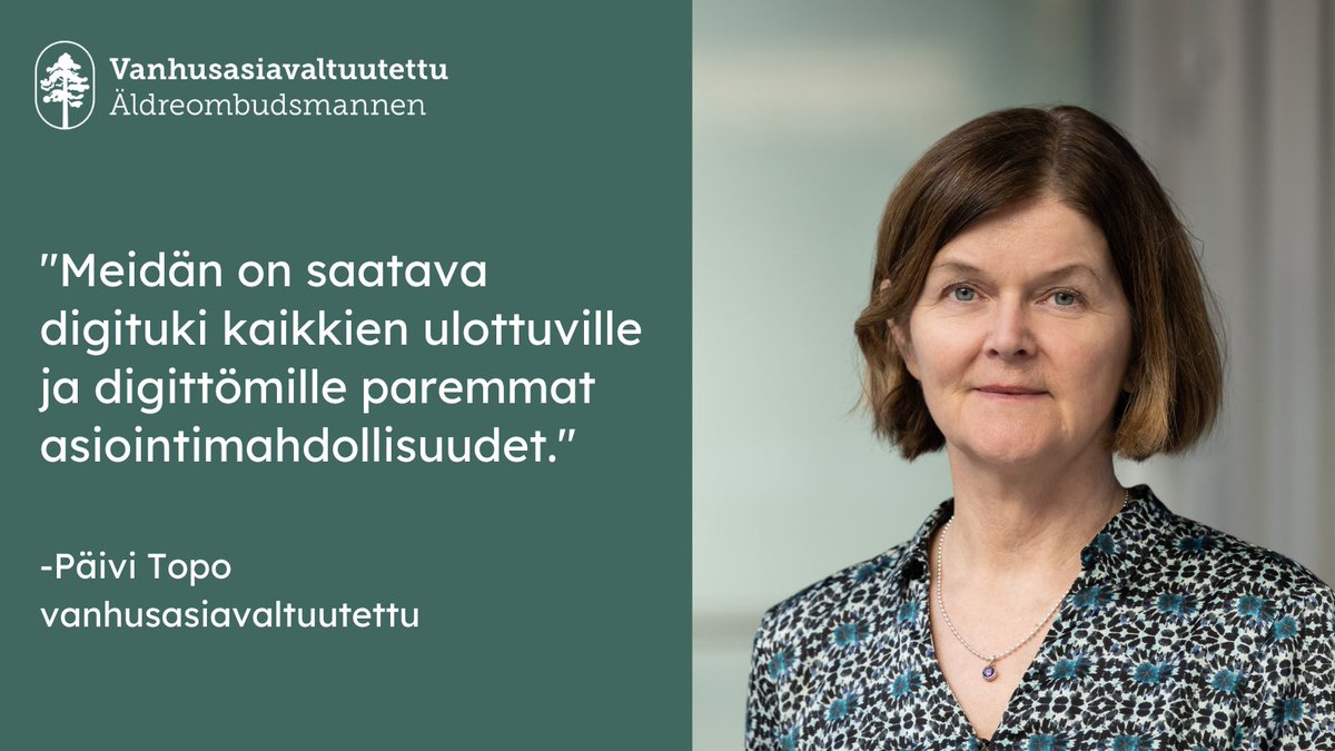 ”Iäkkäiden oikeudet on turvattava. Meidän on saatava digituki kaikkien ulottuville ja digittömille paremmat asiointimahdollisuudet,” kirjoittaa vanhusasiavaltuutettu Päivi Topo blogissaan.
Lue valtuutetun ratkaisut digitalisaation aiheuttamiin ongelmiin: vanhusasia.fi/-/iakkaiden-oi…