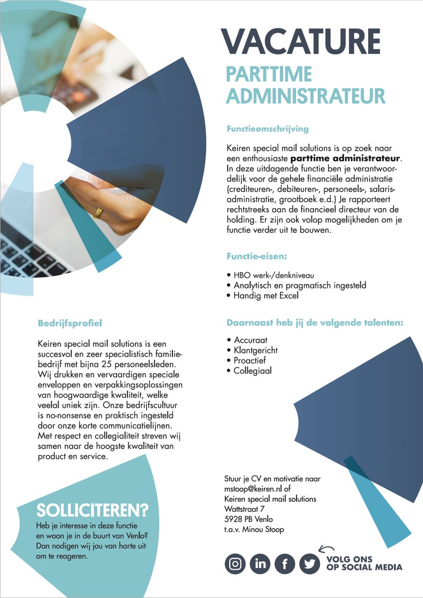 Keiren_BV's tweet photo. We'r hiring! We zijn op zoek naar een nieuwe collega! Administrateur #hiring #administrateur #parttime #venlo #keirenspecialmailsolution https://t.co/U0pTWdQ5Qk
