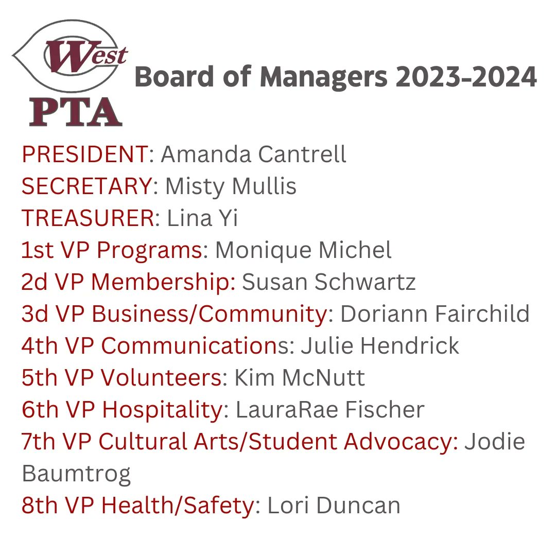 WestCMSPTA's tweet photo. Congratulations to the newly elected West Collierville Middle School PTA Board of Managers for the 2023-2024 academic year!
Thank you to all volunteers: past, present, and future!
#wcmspta #colliervilletn #godragons https://t.co/aBJfmfXPTW