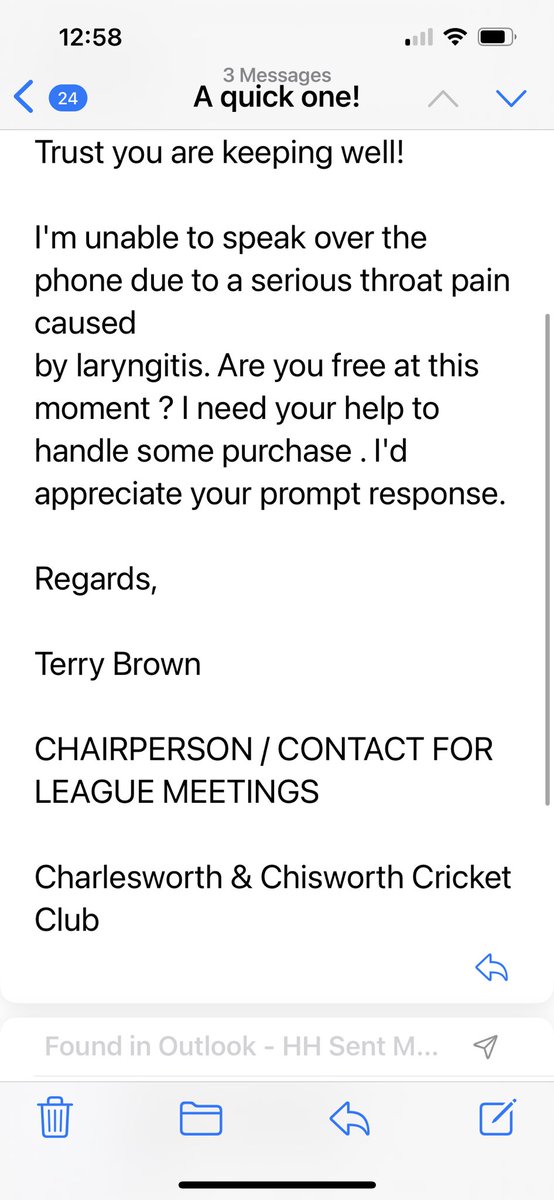 SCAM WARNING!!!
Please ignore &amp; don’t reply to any emails from our Chairman  (see photo) Similar emails are being sent to members of other local clubs.  <a href="/dandccl/">CWC Derbyshire & Cheshire Cricket League</a> <a href="/CricketDerbys/">Derbyshire Cricket Foundation 🏏</a> <a href="/DerbyshireWomen/">Derbyshire Falcons Women</a> <a href="/englandcricket/">England Cricket</a>