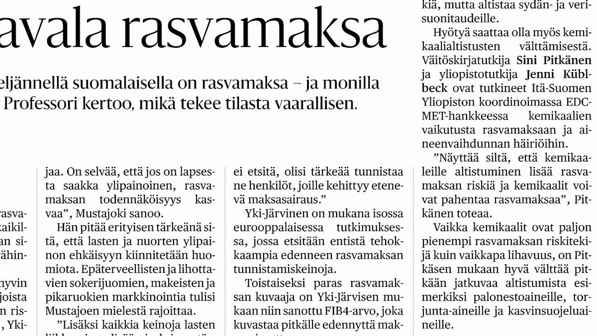 Helsingin Sanomat published an article on fatty liver. "It appears that exposure to chemicals increases the risk of fatty liver and chemicals can make fatty liver worse.”
Salakavala rasvamaksa: hs.fi/hyvinvointi/ar…
<a href="/sinipitk/">Sini Pitkänen</a> <a href="/jkublbeck/">Jenni Küblbeck</a> <a href="/UniEastFinland/">University of Eastern Finland</a> #EDCs #hormonihäiriköt