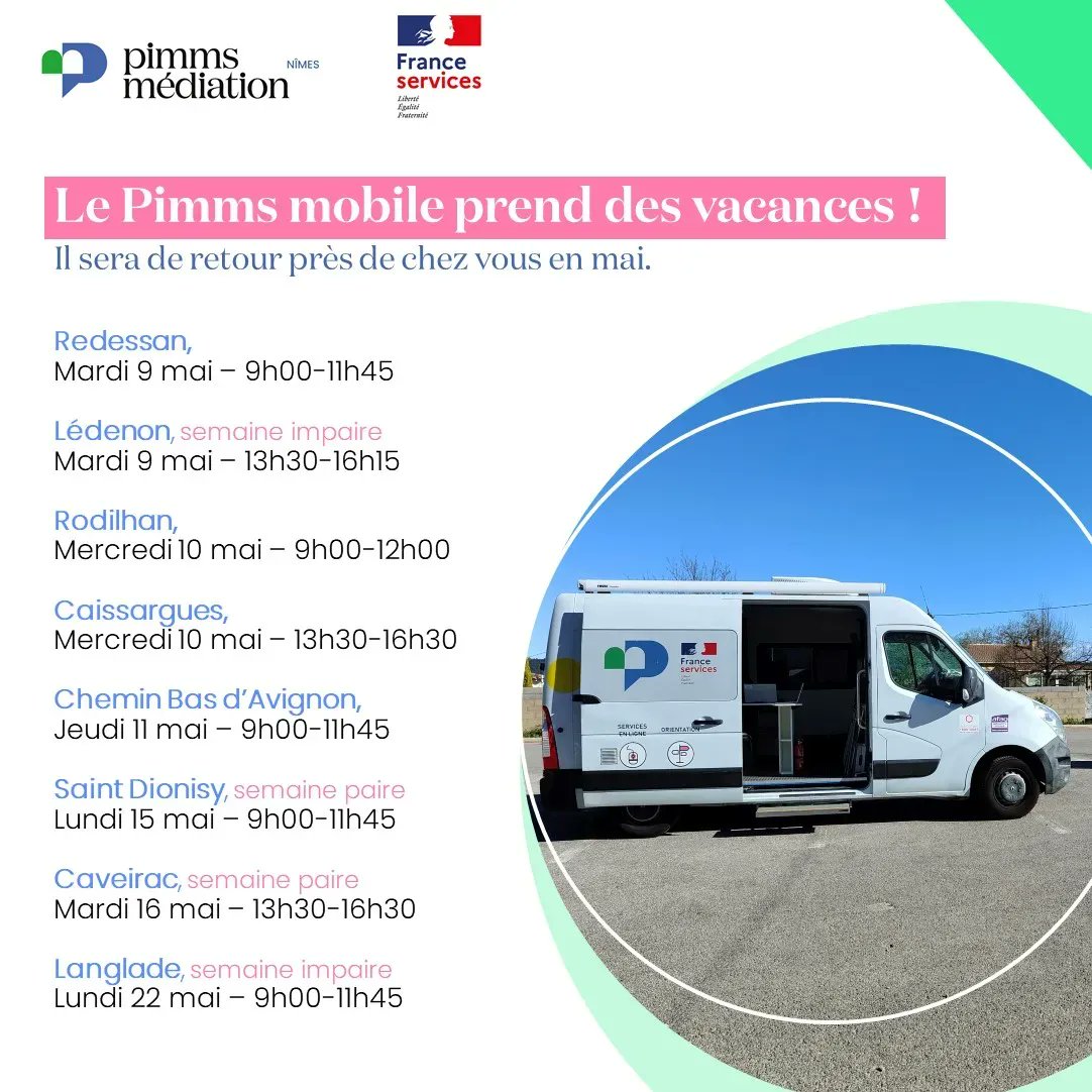 PIMMS_de_Nimes's tweet photo. 📢  Le Pimms mobile prend des vacances ! 📢

Il ne circulera pas pendant les vacances scolaires, du 24 avril au 08 mai. 📆
#pimmsmobile #pimmsmédiation #médiationsociale #démarchesadministratives https://t.co/FbVT7MqTlt