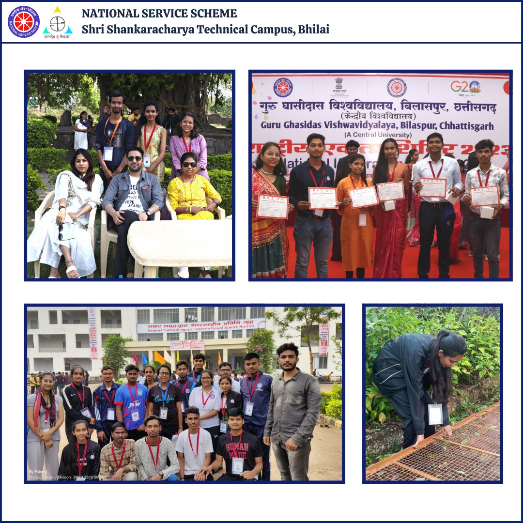 Nss_ssgi's tweet photo. Here are some glimpses of #NIC2023 - Bilaspur in which Vol Nehal Patel from #SSTC, Bhilai Participated &amp; rep @nsscsvtuCG &amp; state #Chhattisgarh. She participated in the camp with great enthusiasm &amp; represented our Unit among 200 Vols &amp; 10 POs from 12 Different states.

#NSSIndia https://t.co/iYM59Ey8Wp