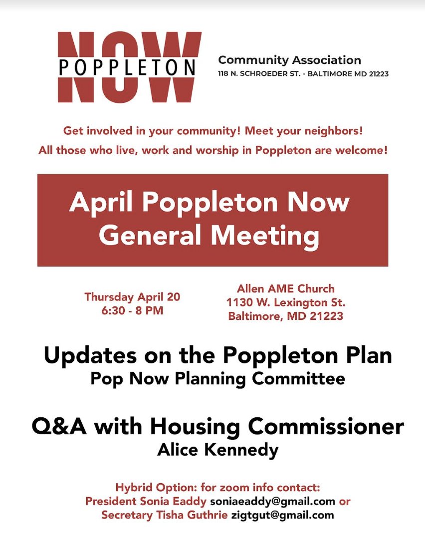 organizepopple1's tweet photo. TONIGHT at 6:30pm at Allen AME Church the #PoppletonNow planning committee presents a draft of the community plan for redevelopment and hosts @bmoredhcd Housing Commissioner Alice Kennedy to answer residents questions on next steps. https://t.co/OTxKulyIHa