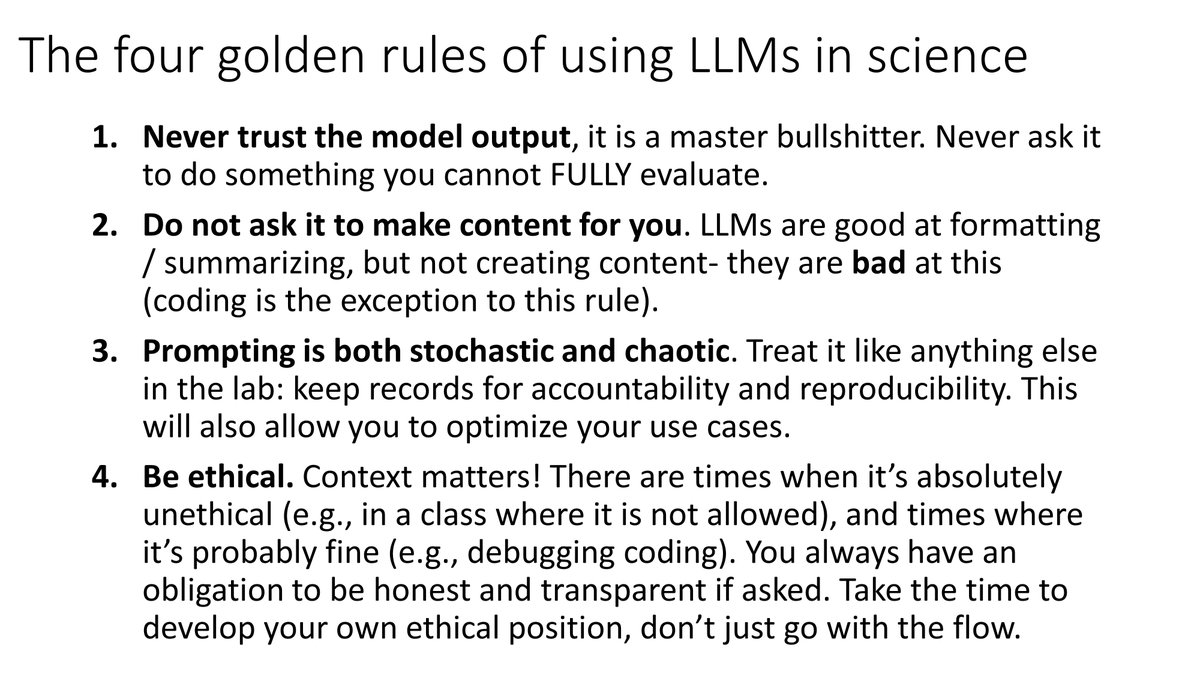 wc_ratcliff's tweet image. Just had a lab meeting on the use of LLMs in science, covering pitfalls as well as use cases. 

I think the cat is out of the bag, and we need to start developing frameworks for responsible use, rather than pretending people won't use LLMs extensively.

Our framework, v 1.0: