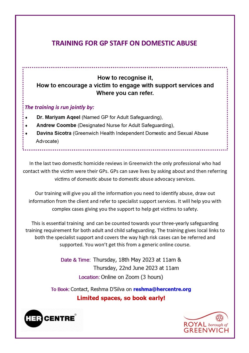 HERCentre's tweet photo. #Training for #GPStaff  
This training is run jointly by Dr. Mariyam Aqeel, #GP for #AdultSafeguarding, Andrew Coombe #Nurse for #AdultSafeguarding, and by Davina Sicotra #GreenwichHealthIndependentDomesticandSexualAbuseAdvocate.
On Zoom, 18 May  &amp; 22 June https://t.co/znyuQjas5W