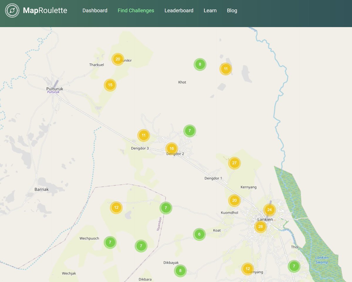 Results of a @MapSwipe building validation for <a href="/MSF/">MSF International</a> in Lankien, South Sudan🇸🇸: Over 1/2 of the contributors indicated a review of the #OSM data was needed. Let's experiment with a @maproulette project to check and fix the data! You can edit in iD or JOSM. maproulette.org/browse/challen…