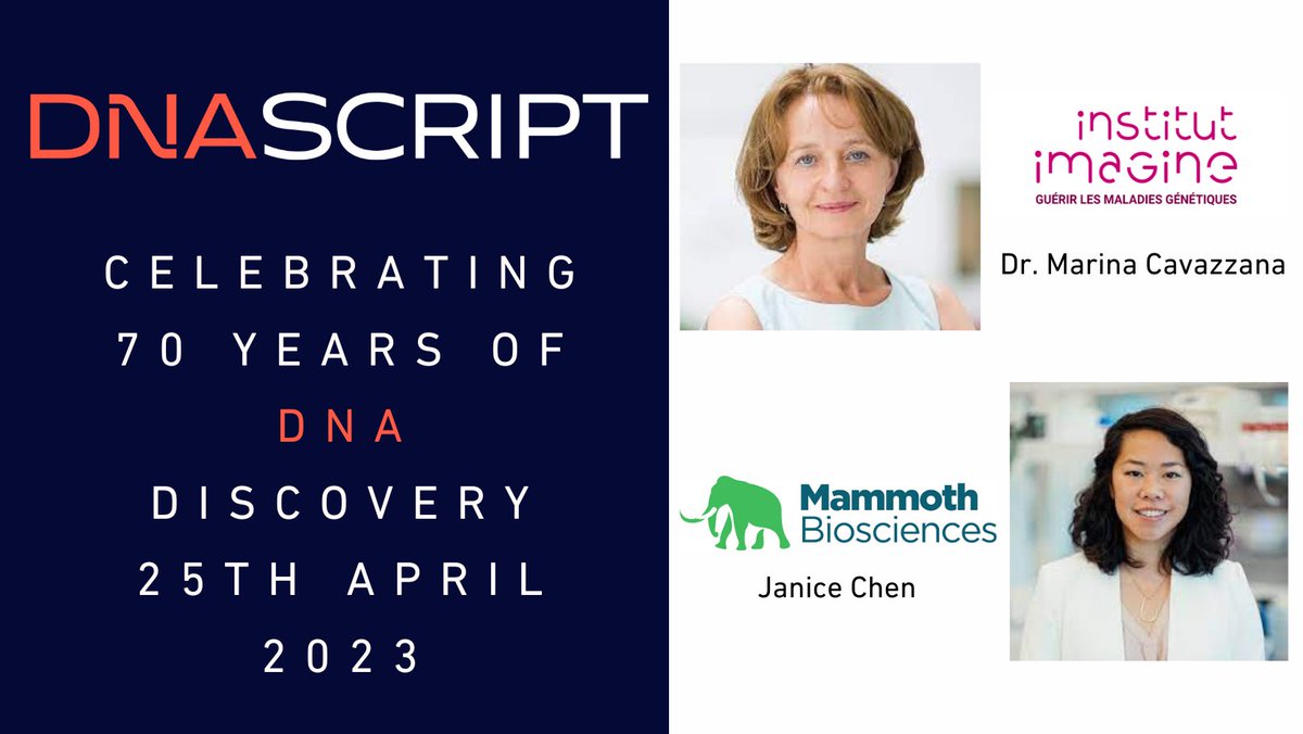 We’re honored to have two incredible ladies speak during our #DNA Day celebrations. Dr. Marina Cavazzana, a pioneer of #gene #therapy from <a href="/InstitutImagine/">Institut Imagine</a> and Janice Chen, Co-founder and CTO at <a href="/mammothbiosci/">Mammoth Biosciences</a> Registration closes Friday 21st April bit.ly/DNAScriptDNADa…