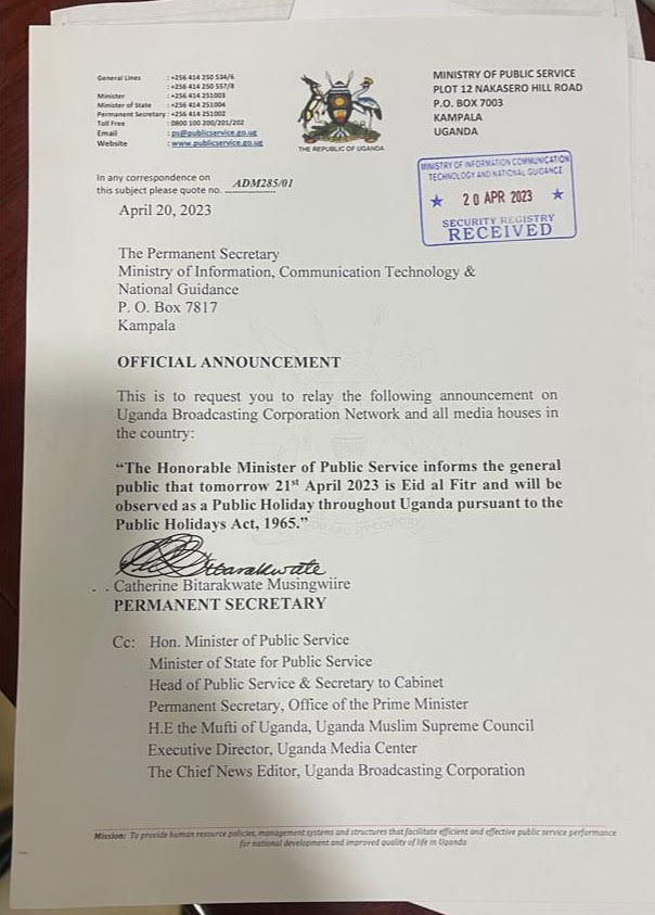 spy_reports's tweet photo. Government of Uganda has declared Friday tomorrow 21st April 2023 a public holiday as Moslems celebrate their Eid Al Fitri. #SpyReportsUpdate
https://t.co/w4AhNG3vpO https://t.co/TYh4qeaXuA