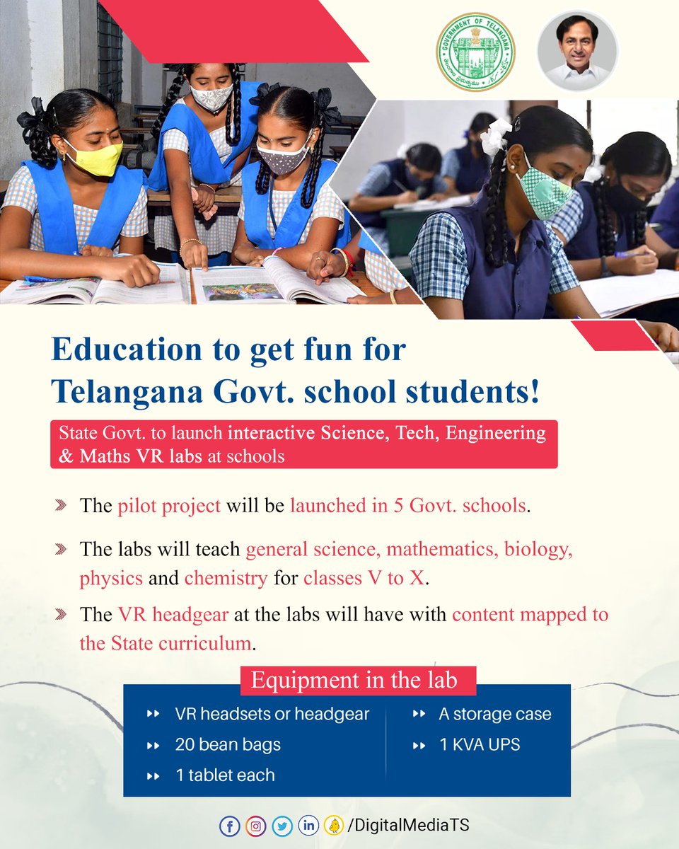 DigitalMediaTG's tweet photo. Making education for students fun as well as interactive, #Telangana Govt. is all set to establish Science, Technology, Engineering and Mathematics VR labs at five government schools in the State.

The labs will provide interactive and immersive learning experiences to students. https://t.co/rewZ3j95yD