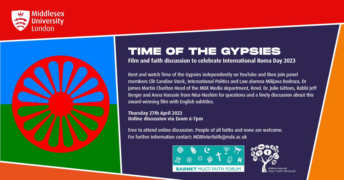 MdxInterfaith's tweet photo. Next Film and Faith panel discussion Time of the Gypsies to mark, International Roma Day 2023 - online Thu Apr 27 2023 at 06:00 pm. Book free ticket https://t.co/jhNoD8qzH1 https://t.co/bOxTwDg933
