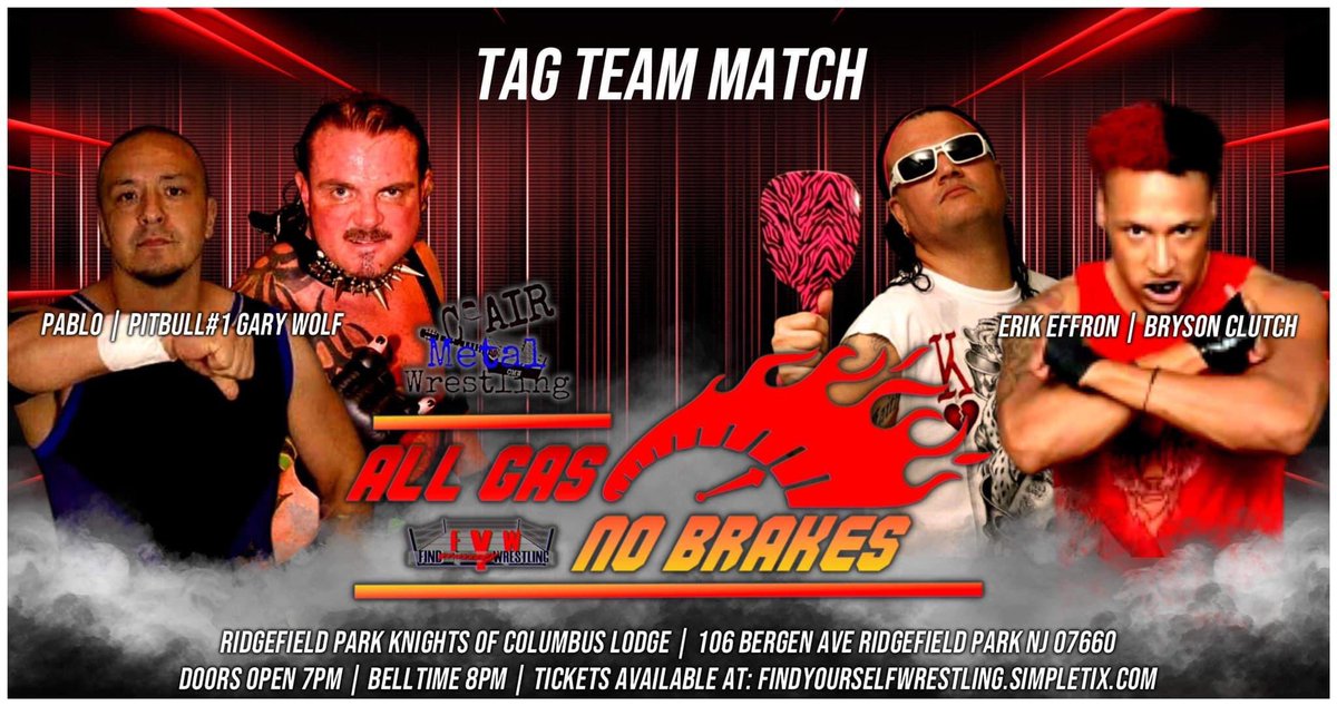 FindYourselfPro's tweet photo. ECW Legends Pitbull Gary Wolf &amp; Pablo Team up to face Effron &amp; Clutch
Saturday April 29 #AllGasNoBrakes Live In Ridgefield Park, NJ

TICKETS- https://t.co/SfkuRjOdyM https://t.co/AKTAKYDHEF