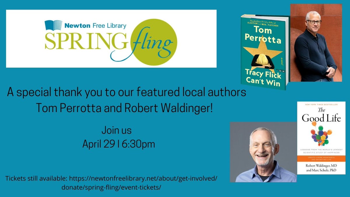 Sharon Stout (@mahoganyss) on Twitter photo Grateful to be counting down to another Spring Fling for the Newton Free Library. Thanks to Dr. Robert Waldinger and Tom Perrotta for joining us this year! Still time to grab your tickets. See you April 29!
<a href="/NewtonFreeLib/">Newton Free Library</a> <a href="/robertwaldinger/">Robert Waldinger</a> Grateful to be counting down to another Spring Fling for the Newton Free Library. Thanks to Dr. Robert Waldinger and Tom Perrotta for joining us this year! Still time to grab your tickets. See you April 29!
<a href="/NewtonFreeLib/">Newton Free Library</a> <a href="/robertwaldinger/">Robert Waldinger</a>