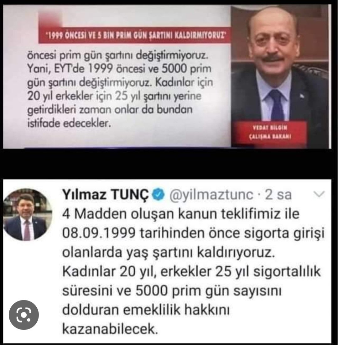 EYT, bir grubun ayrıcalıklı HAK talebi değildir 
08.09.99 Öncesi işe girenlerin
uğradığı hak kaybının İADE talebidir.
3600 Kısmi Emeklilik+5000 Prim Yasaya eklenmelidir.<a href="/RTErdogan/">Recep Tayyip Erdoğan</a> <a href="/vedatbilgn/">Vedat Bilgin</a> <a href="/kilicdarogluk/">Kemal Kılıçdaroğlu</a> <a href="/eczozgurozel/">Özgür Özel</a> <a href="/fuatoktay/">Fuat Oktay</a> <a href="/yilmaztunc/">Yılmaz TUNÇ</a> #5BinVeKısmiyiOyalama