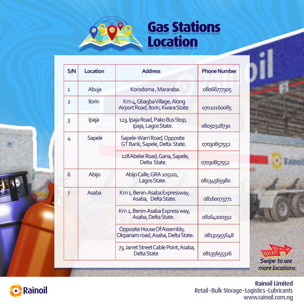 RainoilLimited's tweet photo. Your overall energy needs remain our topmost priority while we deliver with quality and superior value.
Visit any of our Gas service stations to refill your cooking gas.
#rainoilgas
#rainoillimited
#downstream
#oilandgas
#creatingsuperiorvalue https://t.co/LaEeIAvOLp