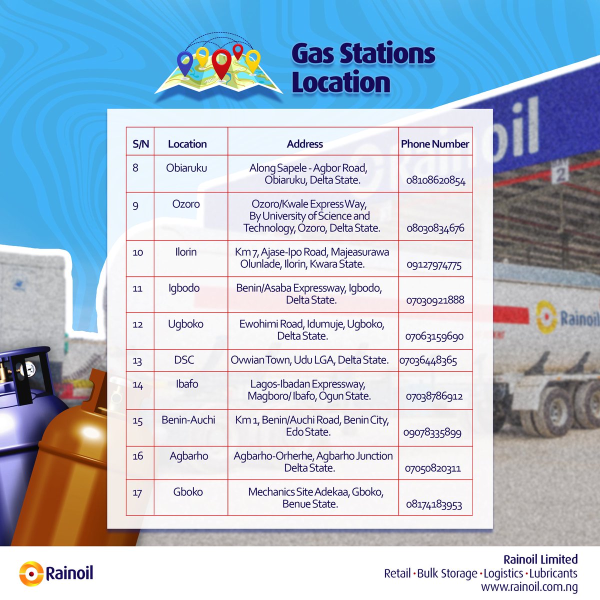 RainoilLimited's tweet photo. Your overall energy needs remain our topmost priority while we deliver with quality and superior value.
Visit any of our Gas service stations to refill your cooking gas.
#rainoilgas
#rainoillimited
#downstream
#oilandgas
#creatingsuperiorvalue https://t.co/LaEeIAvOLp