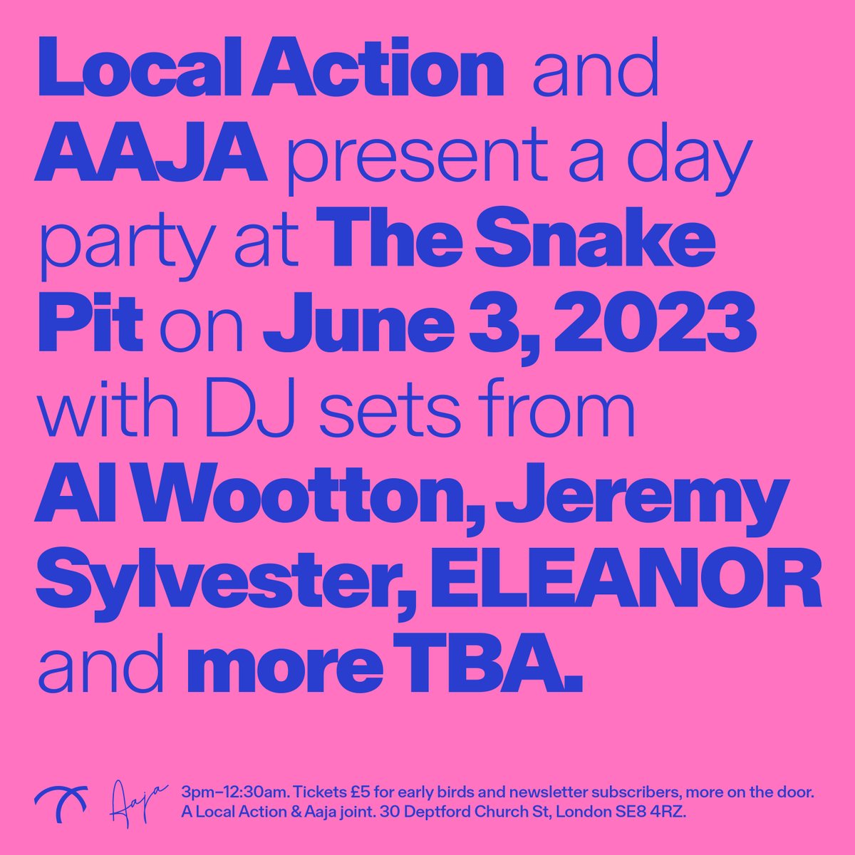 Next party! Jun 3 with @Aajamusic — an outdoor all-dayer in Deptford with food, reinforced sound and DJs from 3pm. @AlWootton1 @jeremysylvester @eleanor_ldn more TBA! Limited £5 tickets ⟶ bit.ly/3GX1CWs